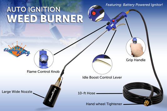 Flame King Propane Weed Burner Torch 340,000 BTU with battery-operated igniter, shown in use for outdoor weed clearing.