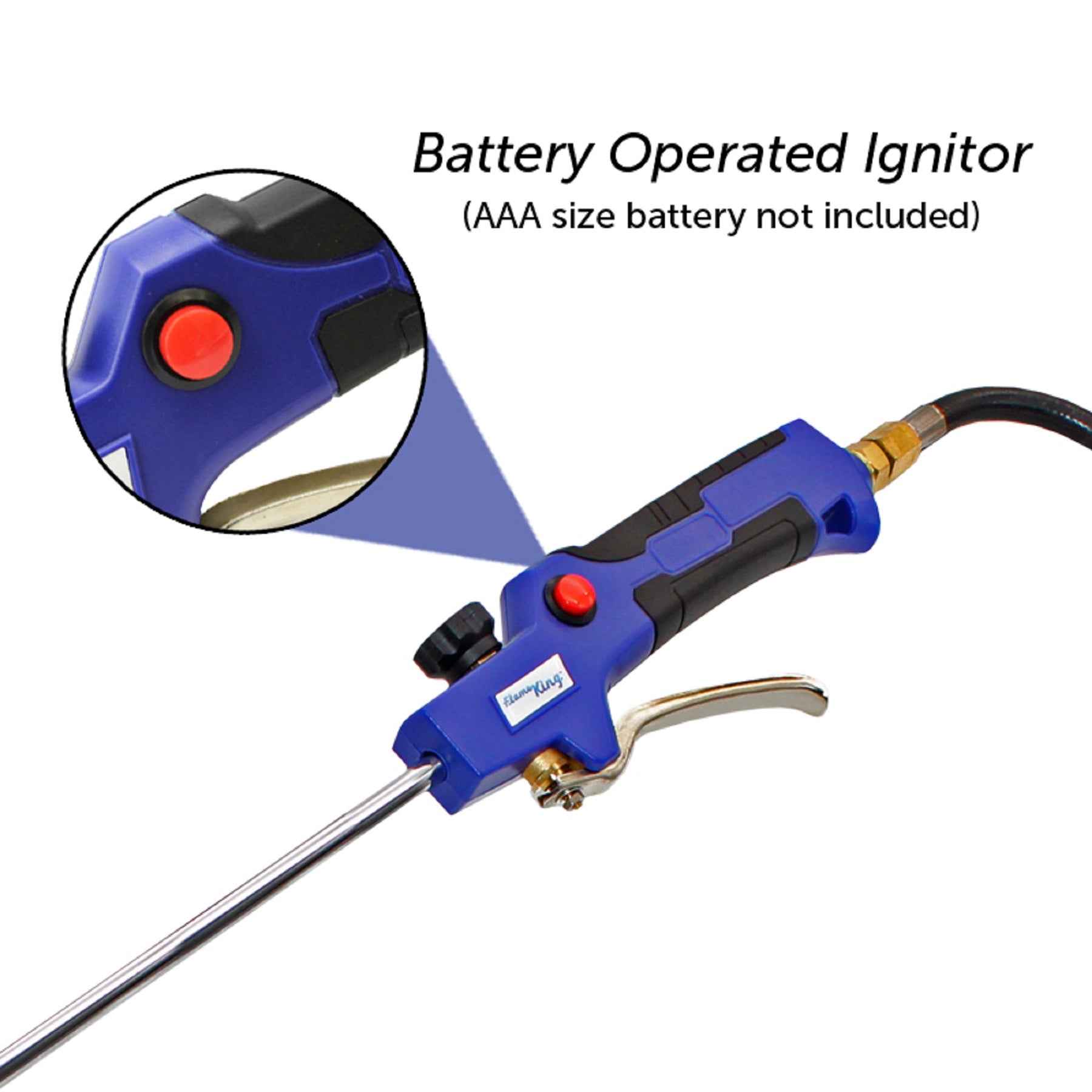 Flame King propane weed burner torch with 340,000 BTU and battery operated igniter, used for outdoor weed control.
