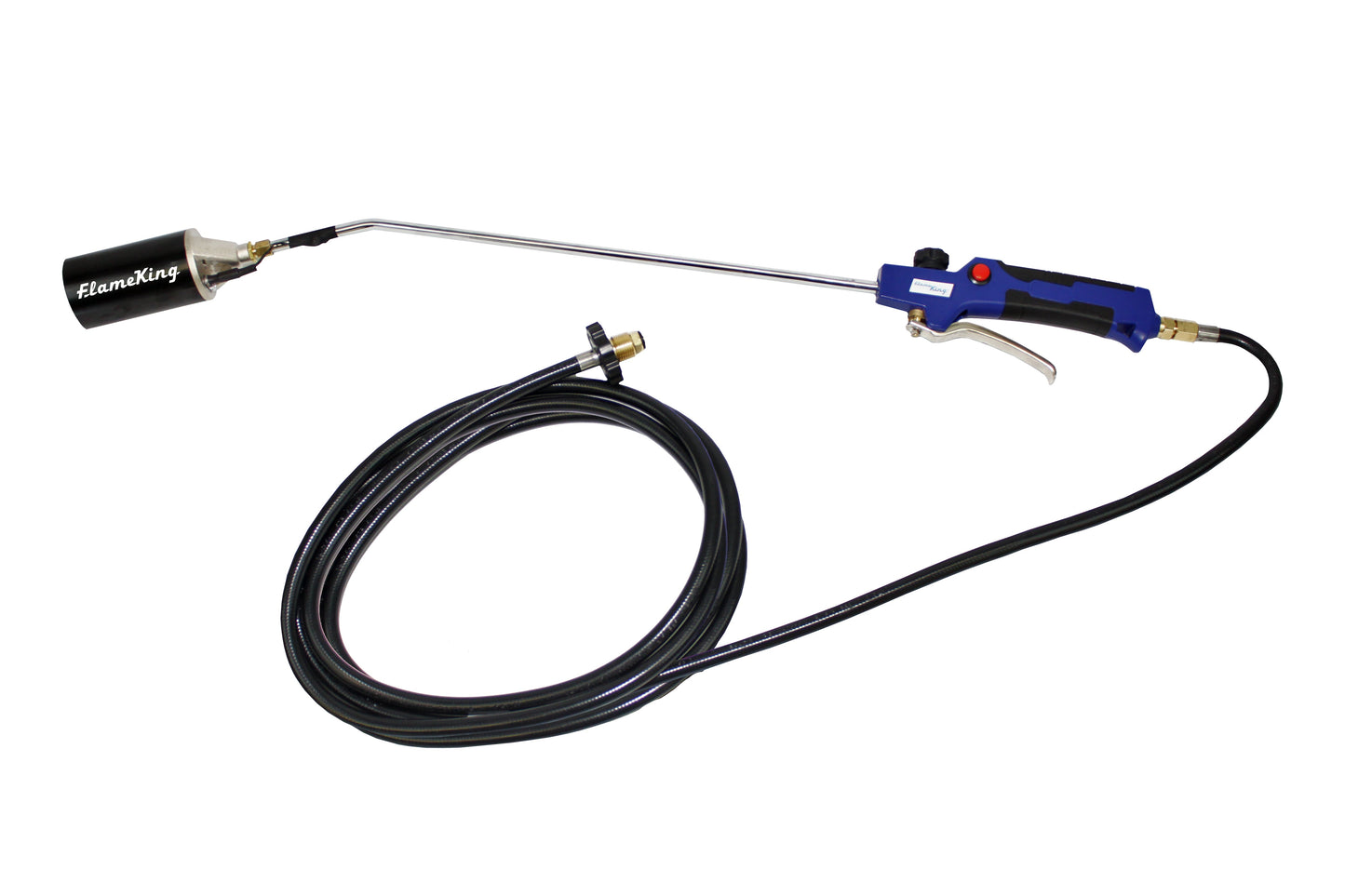Flame King propane weed burner torch with battery-operated igniter and 340,000 BTU, used for weed control and outdoor burning.