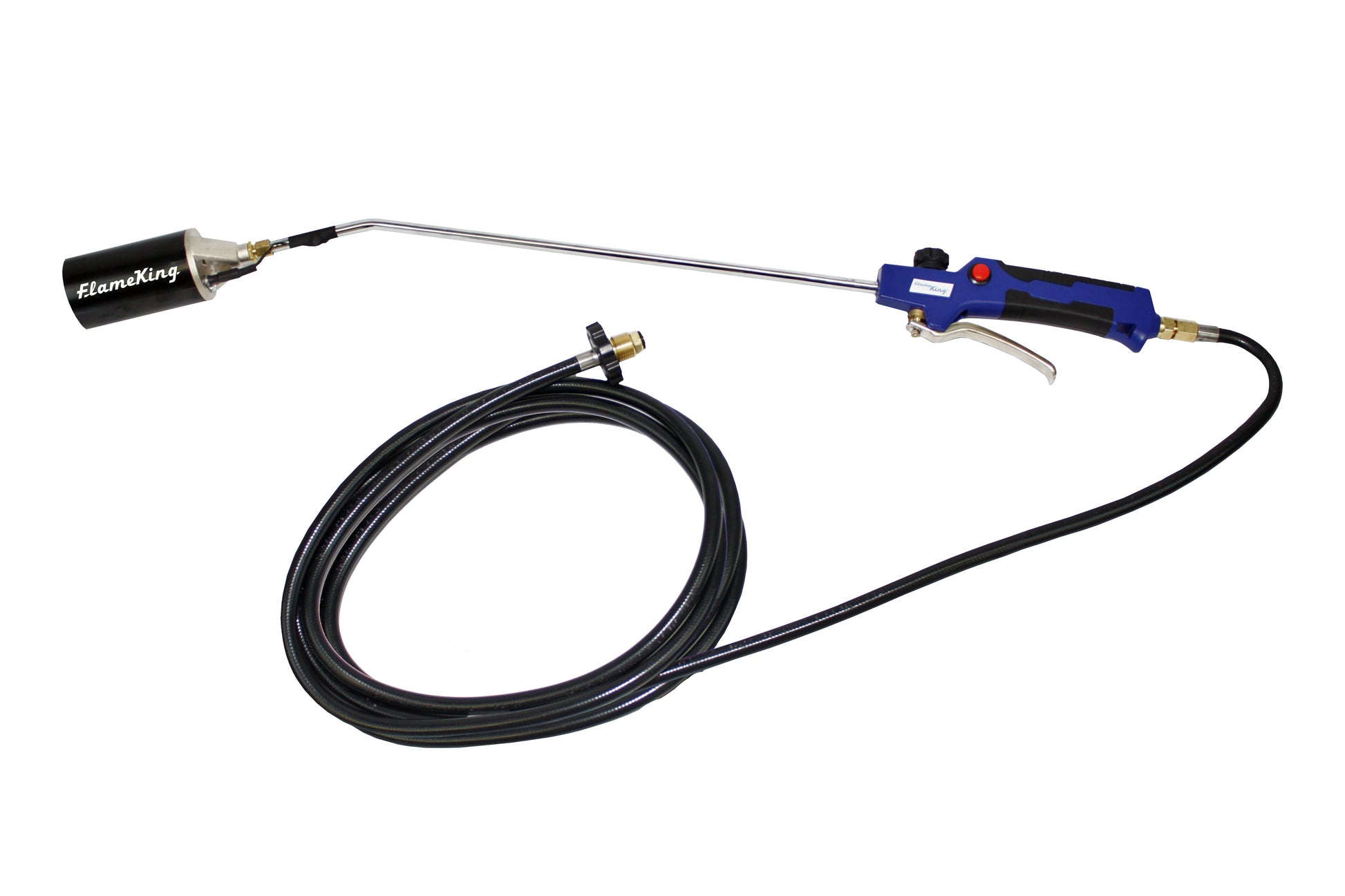 Flame King propane weed burner torch with battery-operated igniter and 340,000 BTU, used for weed control and outdoor burning.