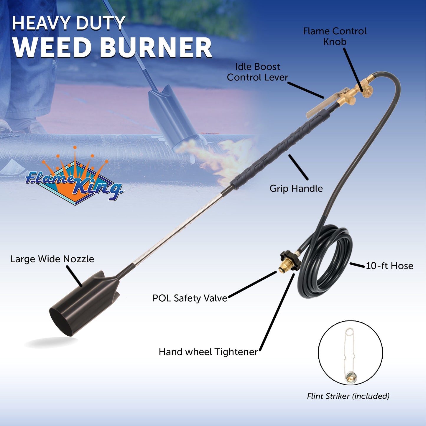 Flame King heavy-duty propane weed burner torch with flame and flint striker, 500,000 BTU for outdoor weed control.