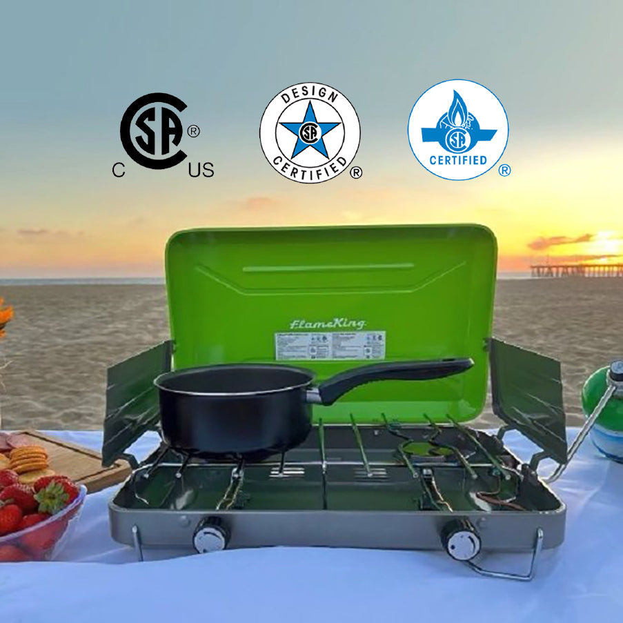 Flame King 2 Burner Portable Propane Camping Stove Grill with compact design, metal burners, and control knobs for outdoor cooking.