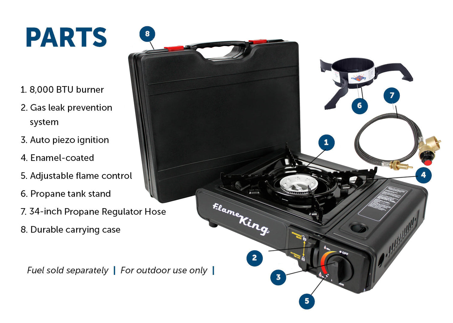 Flame King portable camping gas stove with single burner, designed for butane and propane use, ideal for outdoor cooking.