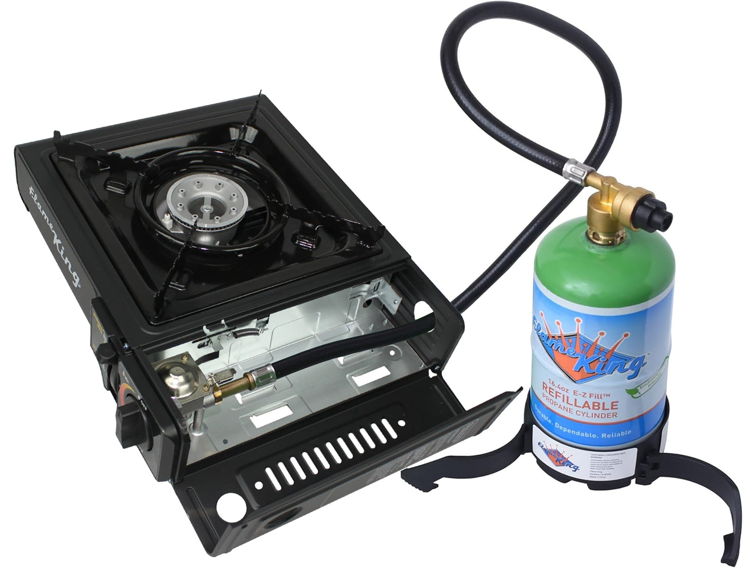 Flame King portable camping gas stove with single burner and 1 lb propane tank attached, ideal for outdoor cooking.