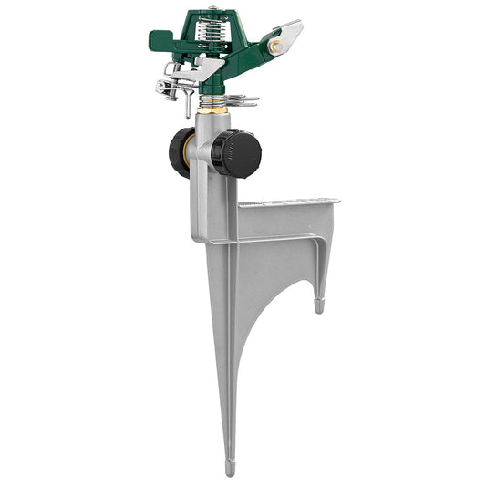 Orbit Irrigation 1/2 in. zinc impact sprinkler with zinc step spike, designed for large area watering, shown on green grass.