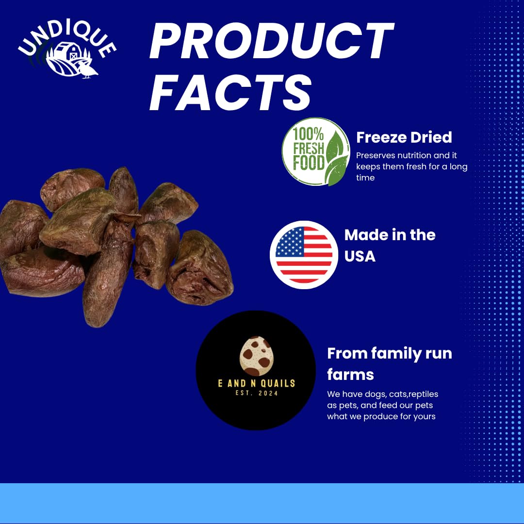Freeze-dried duck hearts dog treat in 3 oz package, single ingredient USA-made treat for dogs and cats.