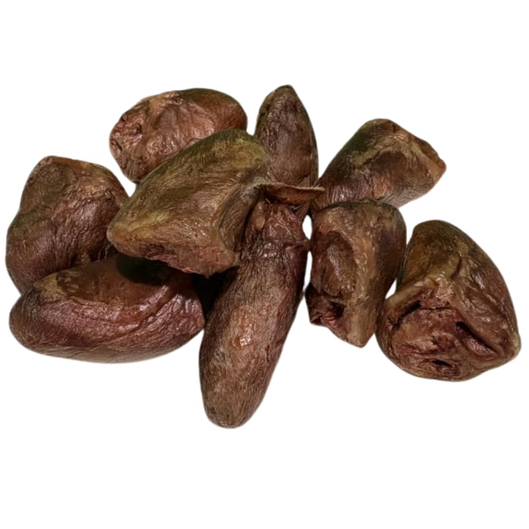 Freeze-dried duck hearts dog treat from Quailz.com, single ingredient USA-made treats, visible in a clear bag with duck hearts inside.