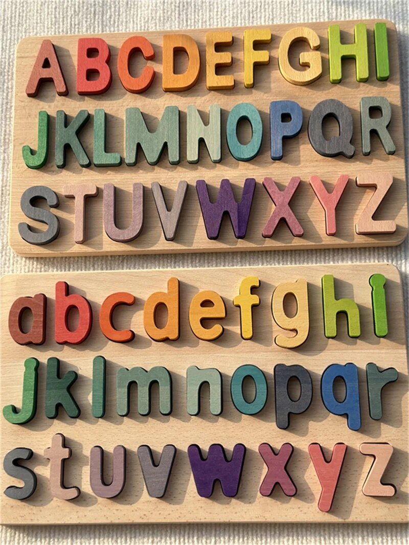 Colorful Montessori wooden alphabet puzzles by Petite Pioneers, featuring natural wood pieces with vibrant painted letters for early learning.