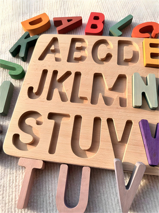 Colorful Montessori wooden puzzles by Petite Pioneers featuring alphabet and number pieces for early childhood learning.