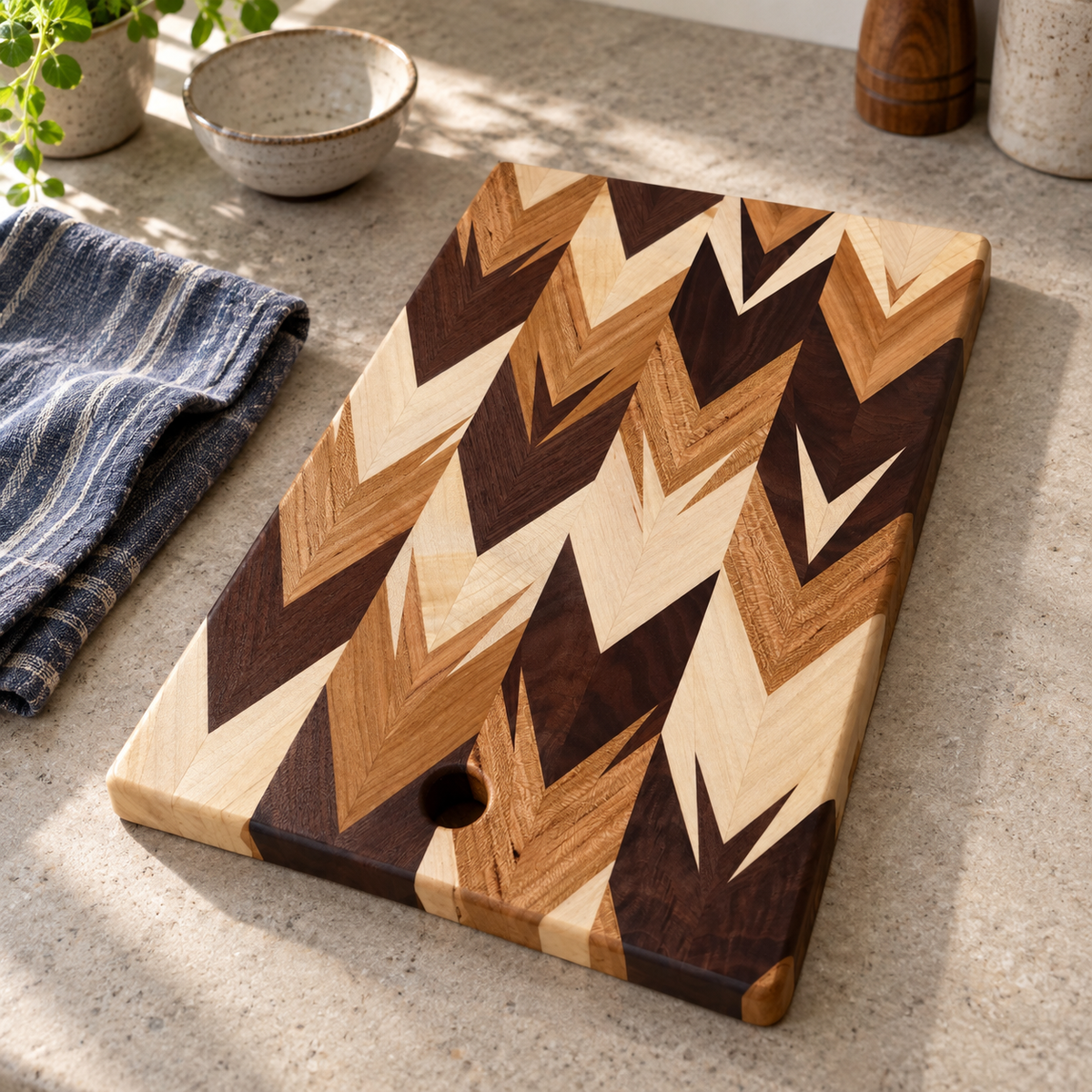 Handcrafted Amish Chevron Cutting Board – Multi-Wood Inlay, Beeswax Finish (9.5” x 14”)
