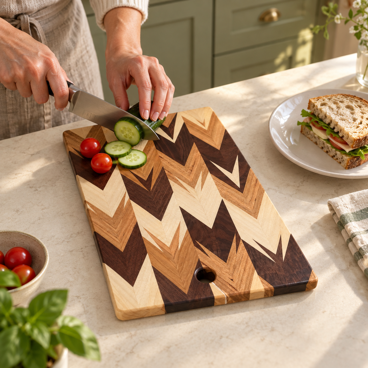 Handcrafted Amish Chevron Cutting Board – Multi-Wood Inlay, Beeswax Finish (9.5” x 14”)