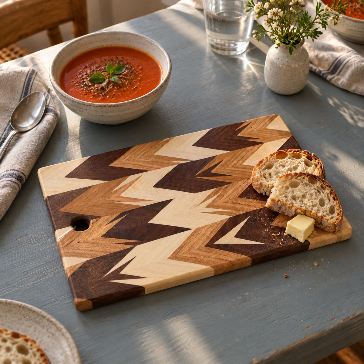 Handcrafted Amish Chevron Cutting Board – Multi-Wood Inlay, Beeswax Finish (9.5” x 14”)