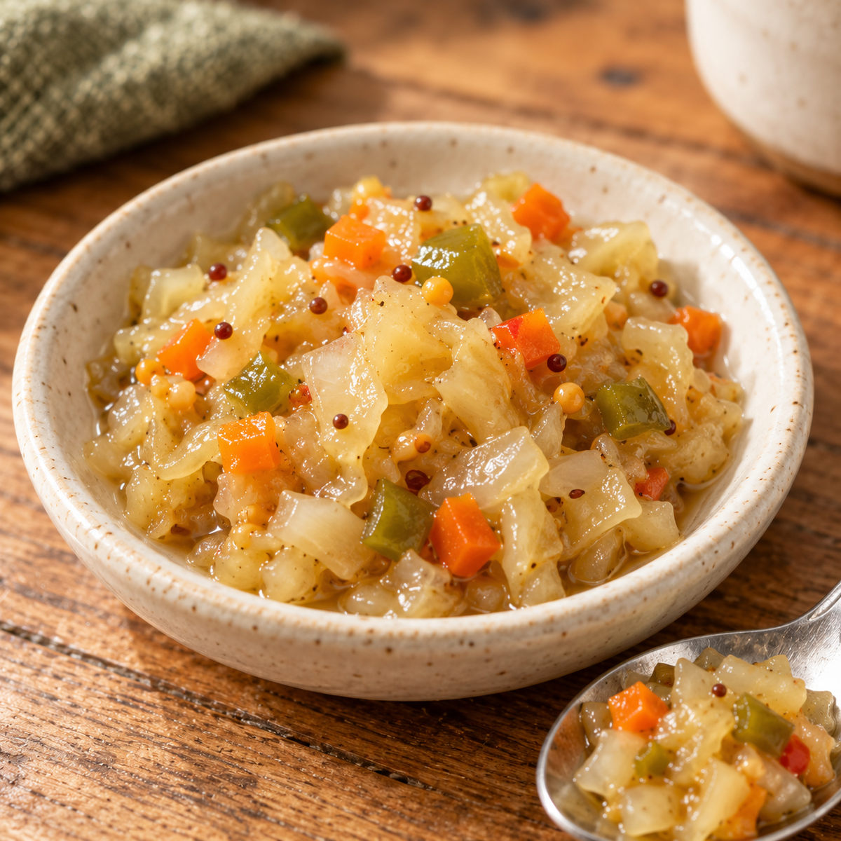 Canned Amish Country Store Chow Chow in 16oz jar, showing the textured, colorful relish with vegetables and spices.