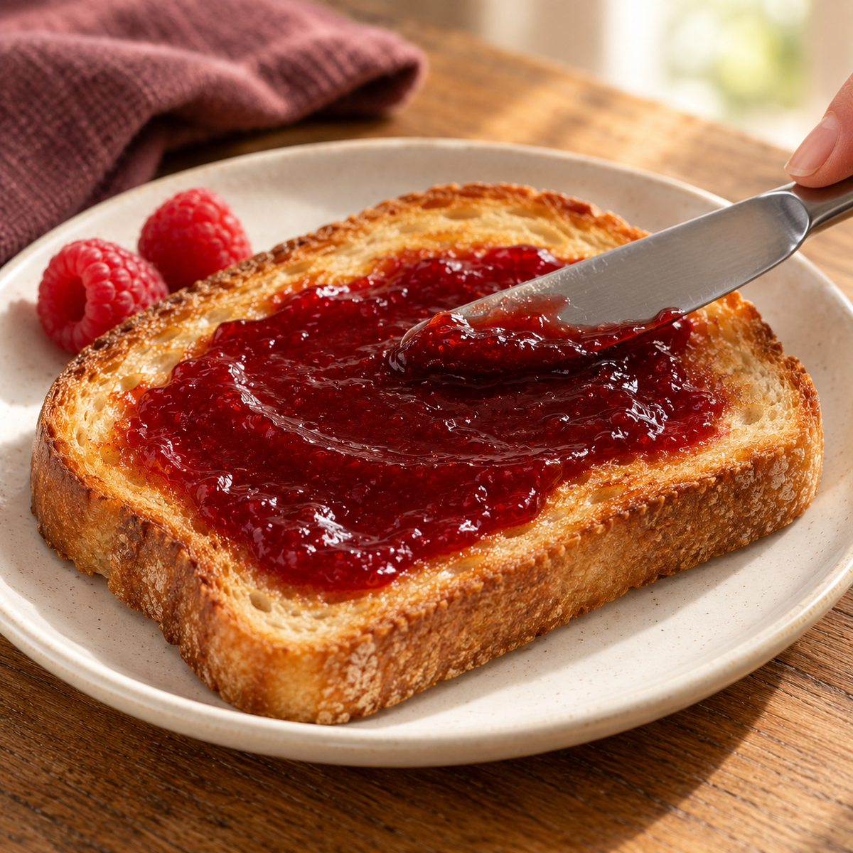 Canned Red Raspberry Seedless Jam by Amish Country Store in an 18oz jar, showing vibrant red jam with a smooth texture.