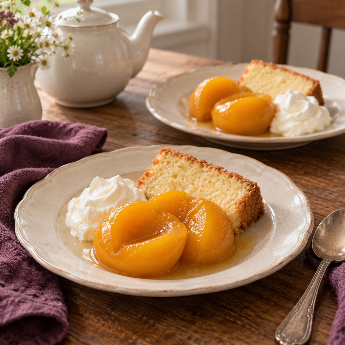 Canned Spiced Peaches by Amish Country Store in a 32oz jar, showing ripe peaches with spiced syrup inside the can.