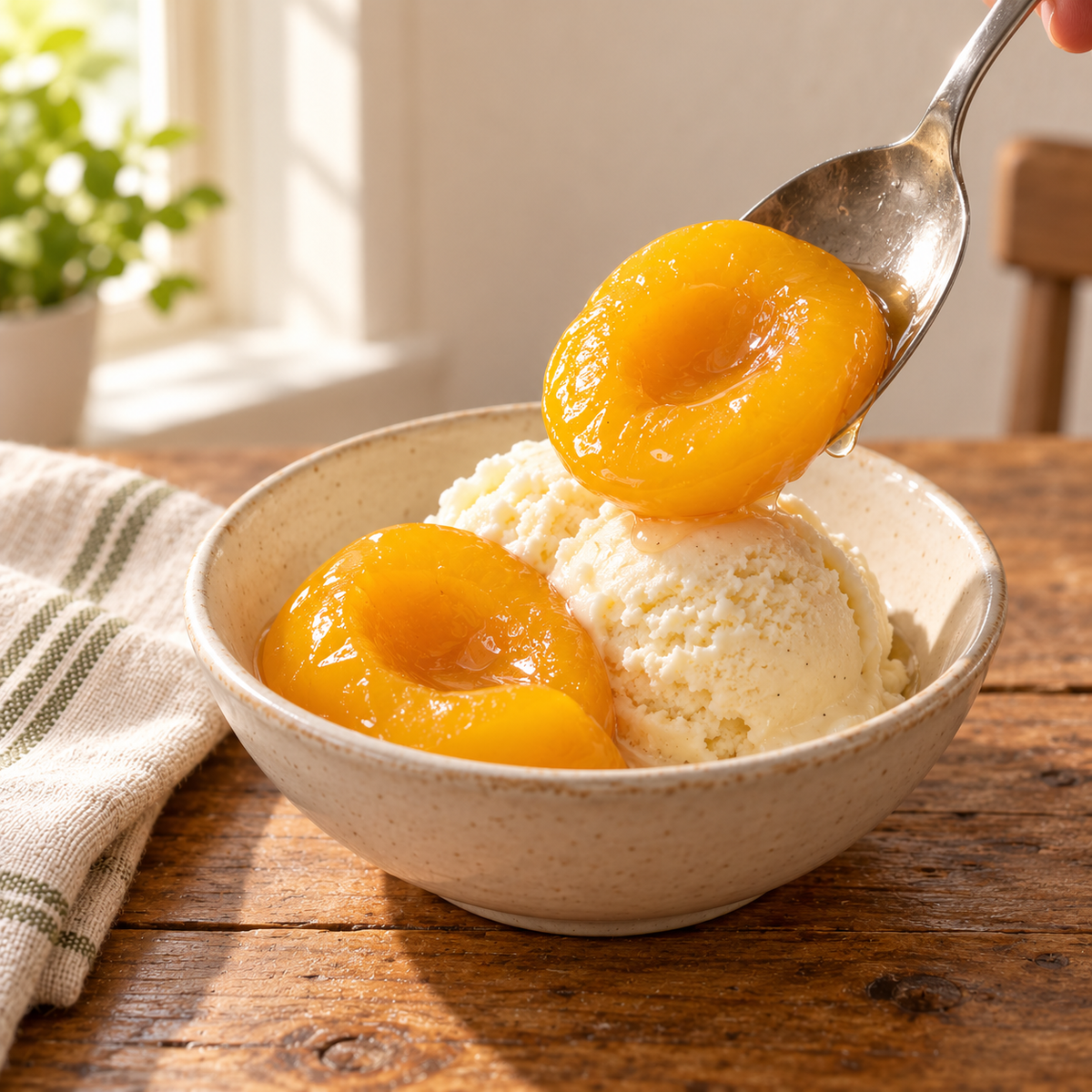 Canned vanilla peaches in syrup with visible vanilla beans from Amish Country Store, 32oz jar, fresh fruit and vanilla pieces.