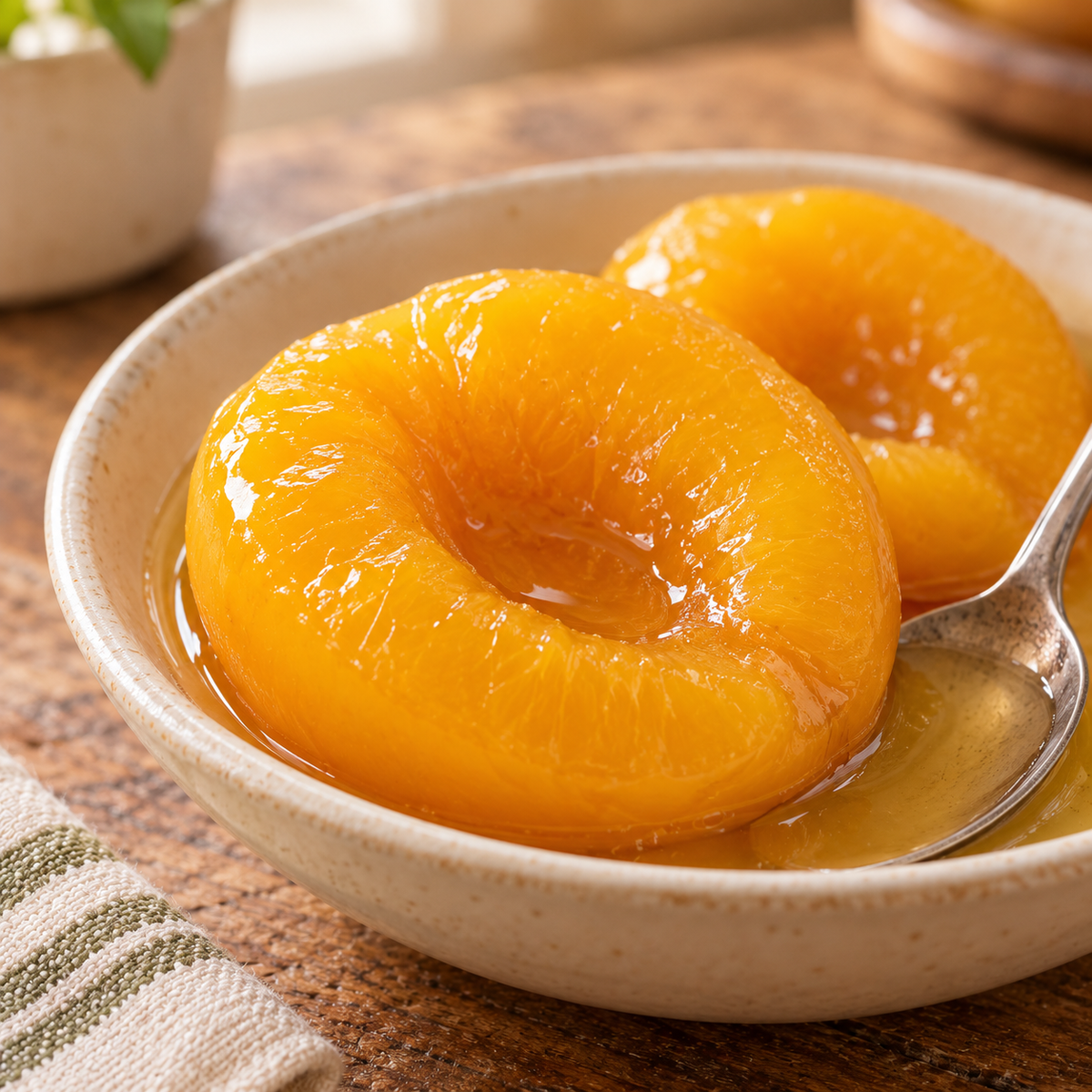 Canned vanilla peaches in syrup with visible peach slices and vanilla beans in a jar, from Amish Country Store.