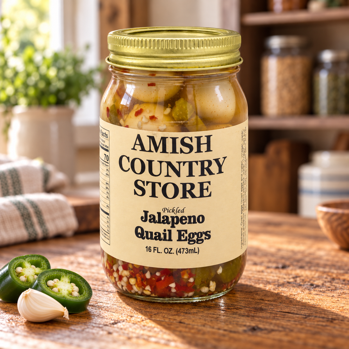 Canned Pickled Jalapeño Quail Eggs from Amish Country Store in a glass jar with vibrant jalapeño slices and quail eggs inside