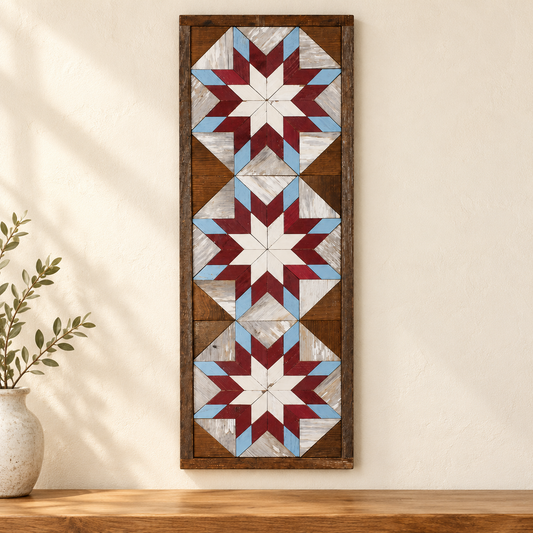 Amish handmade blue and red barn quilt banner, 10.5 x 30 inches