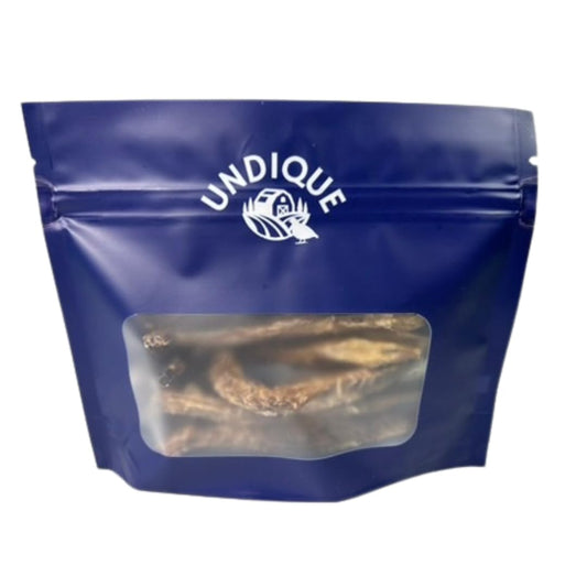 Dehydrated quail crunch sticks dog treats from Quailz, 10-count pack, healthy gourmet treats for training and dental health.