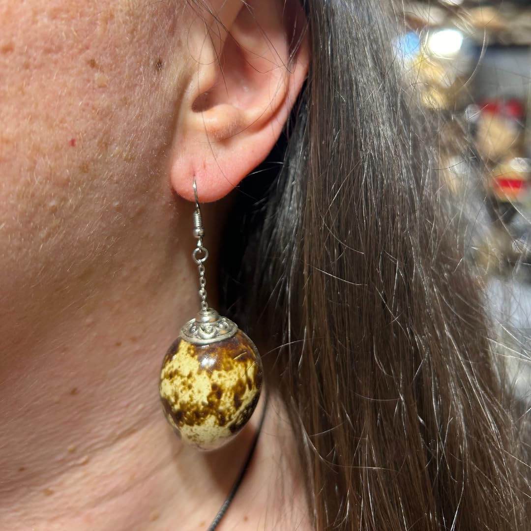 Brown quail egg earrings featuring natural, speckled design from Quailz.com by Undique LLC, showcasing the jewelry on a neutral background.