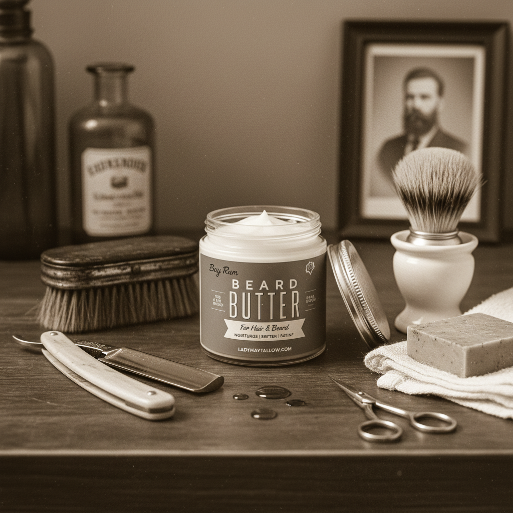 Cream container of The Lady May Tallow Man Bay Rum Beard and Body Butter, a grass-fed tallow-based men's grooming body cream.
