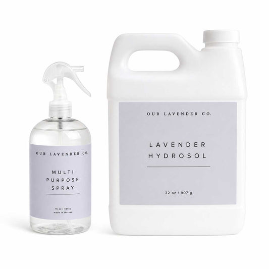 Lavender multipurpose cleaning spray by Our Lavender Co in various sizes, shown with lavender hydrosol for natural home cleaning.