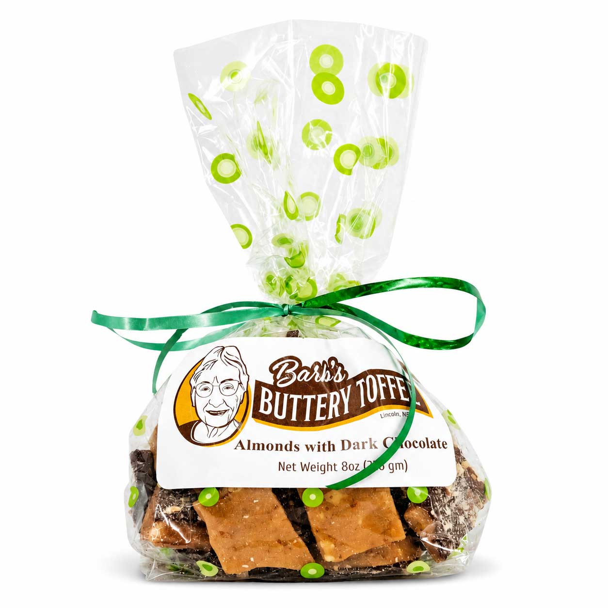 Homemade dark chocolate toffee with almonds from Barb's Buttery Toffee, 8 oz, featuring crunchy toffee and nut toppings.