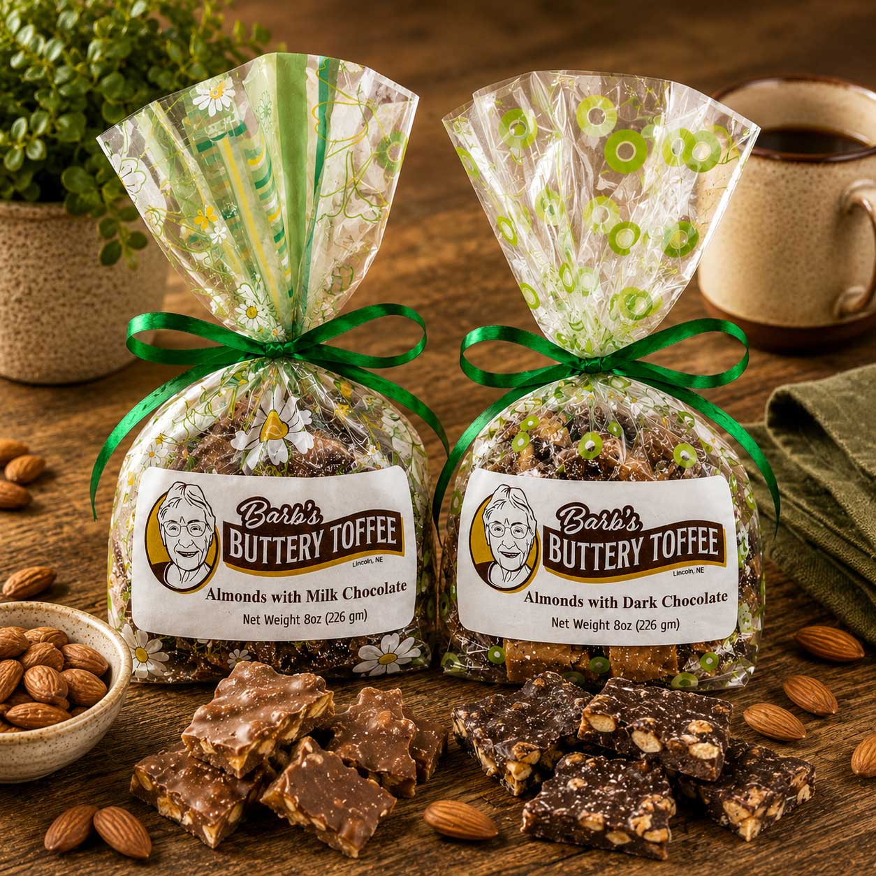 Homemade dark chocolate toffee with almonds from Barb's Buttery Toffee, 8 oz, featuring multiple nut options, displayed on a plate.