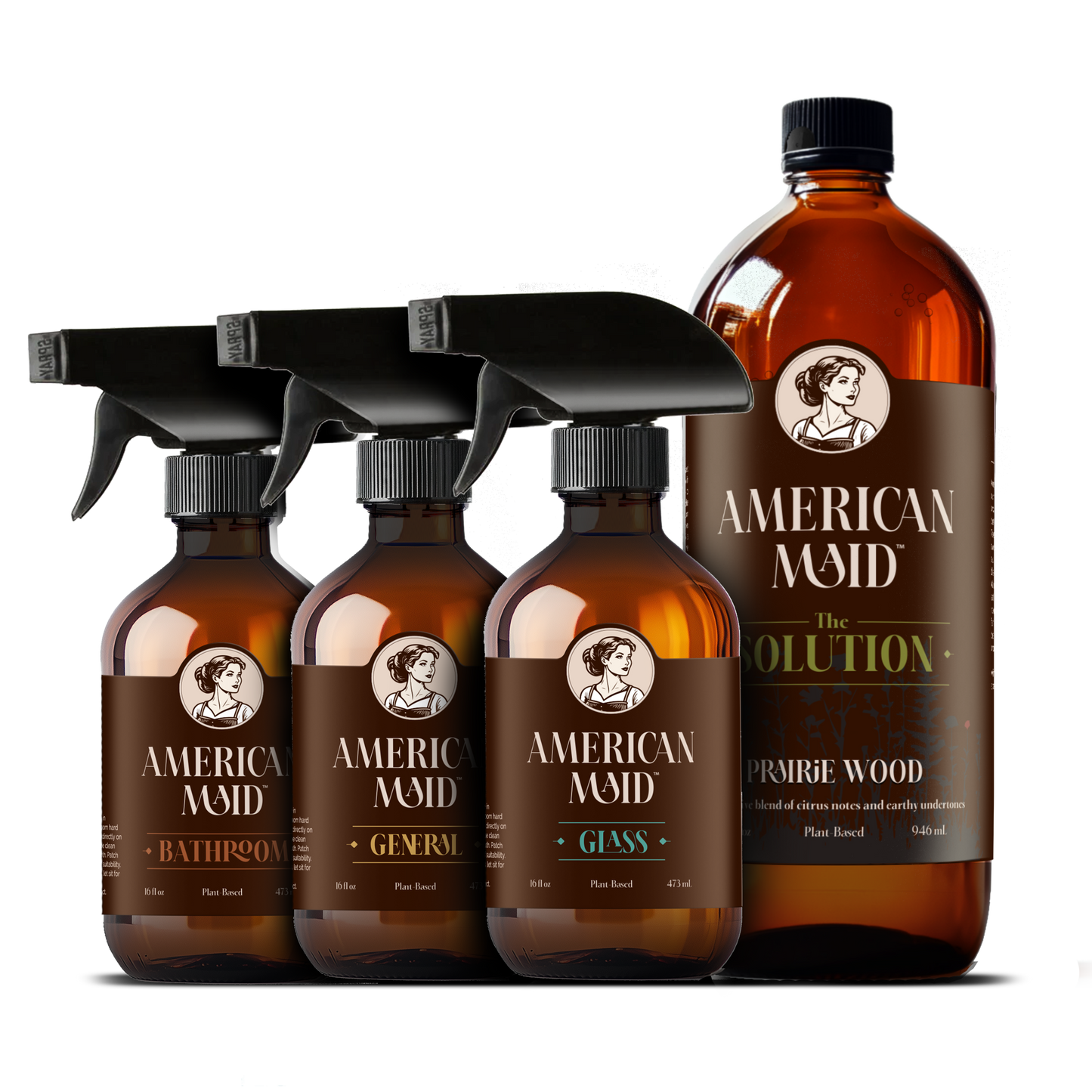 American Maid Daily Essentials Kit including Prairie Wood cleaning products and tools for everyday home cleaning.