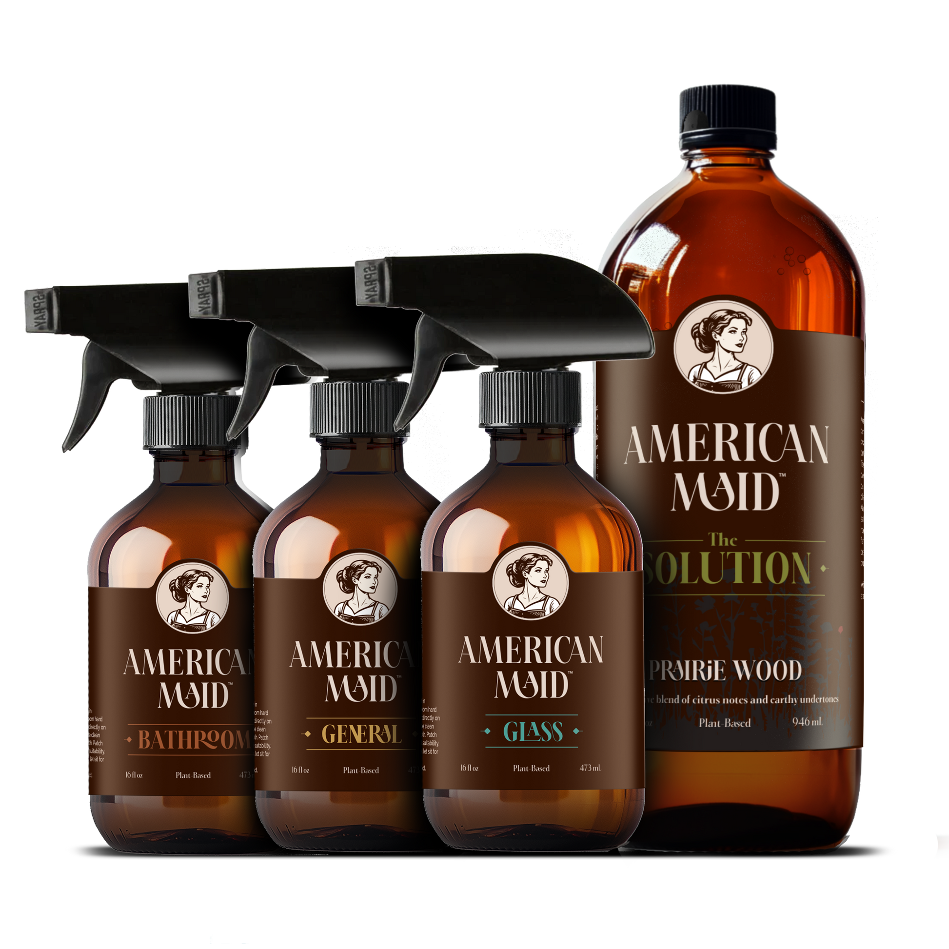 American Maid Daily Essentials Kit including Prairie Wood cleaning products and tools for everyday home cleaning.