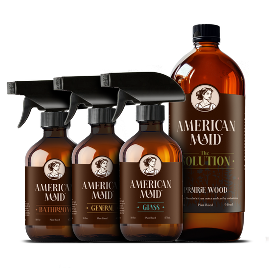 American Maid Daily Essentials Kit including Prairie Wood cleaning products and tools for everyday home cleaning.