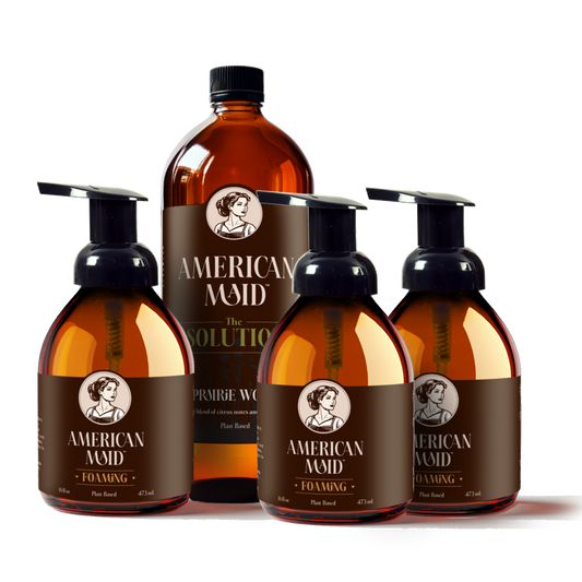 American Maid Foaming Kit featuring Prairie Wood finish with cleaning foam bottles and tools for furniture and wood surfaces.
