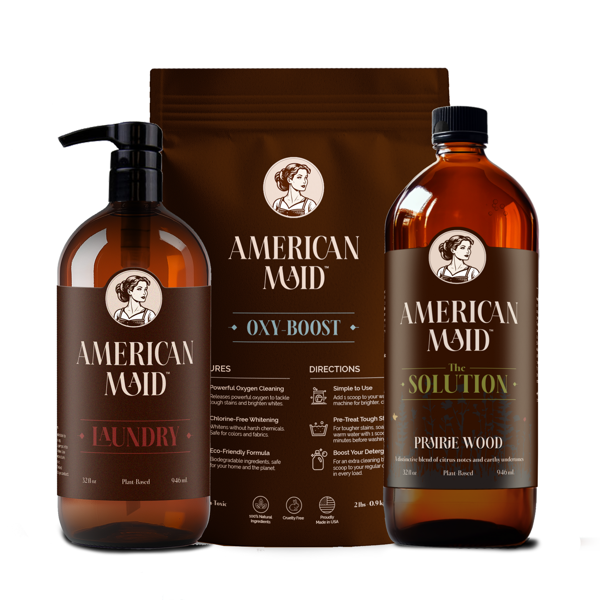 American Maid Laundry Essentials Kit with Prairie Wood scent, includes detergent, fabric softener, and stain remover bottles.