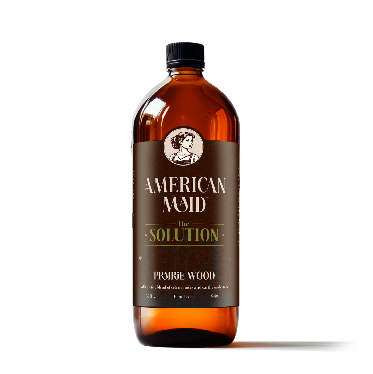 American Maid The Solution Refill bottle with prairie wood scent, designed for cleaning and freshening surfaces.