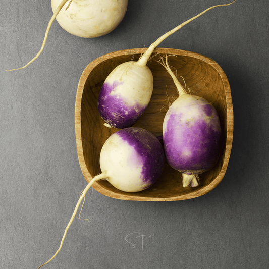 Packet of Southern Seeds American Purple Top Rutabaga seeds, showing vibrant purple-topped root and seed packet for planting.