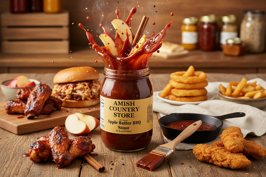 Canned Amish Country Store Apple Butter BBQ Sauce in a 16 oz jar, showcasing rich apple butter flavor and barbecue sauce texture.