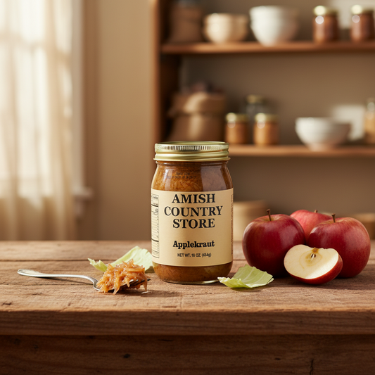 Canned applekraut from Amish Country Store in a labeled jar, showcasing fresh, fermented apple sauerkraut product.