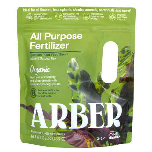 Organic All Purpose Fertilizer by Arber, showing a bag of natural plant nutrients for gardening and healthy plant growth.