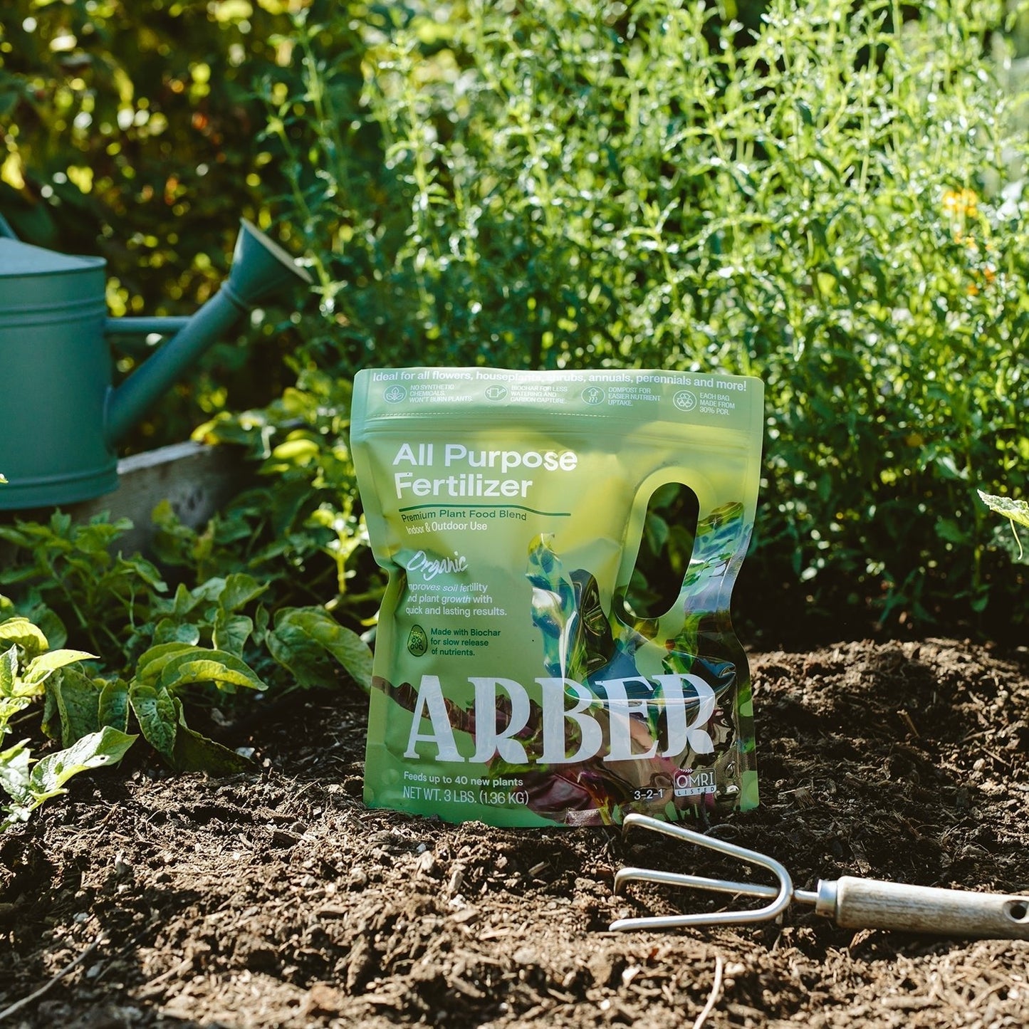 Organic All Purpose Fertilizer by Arber, showing a bag of natural plant fertilizer for garden use.
