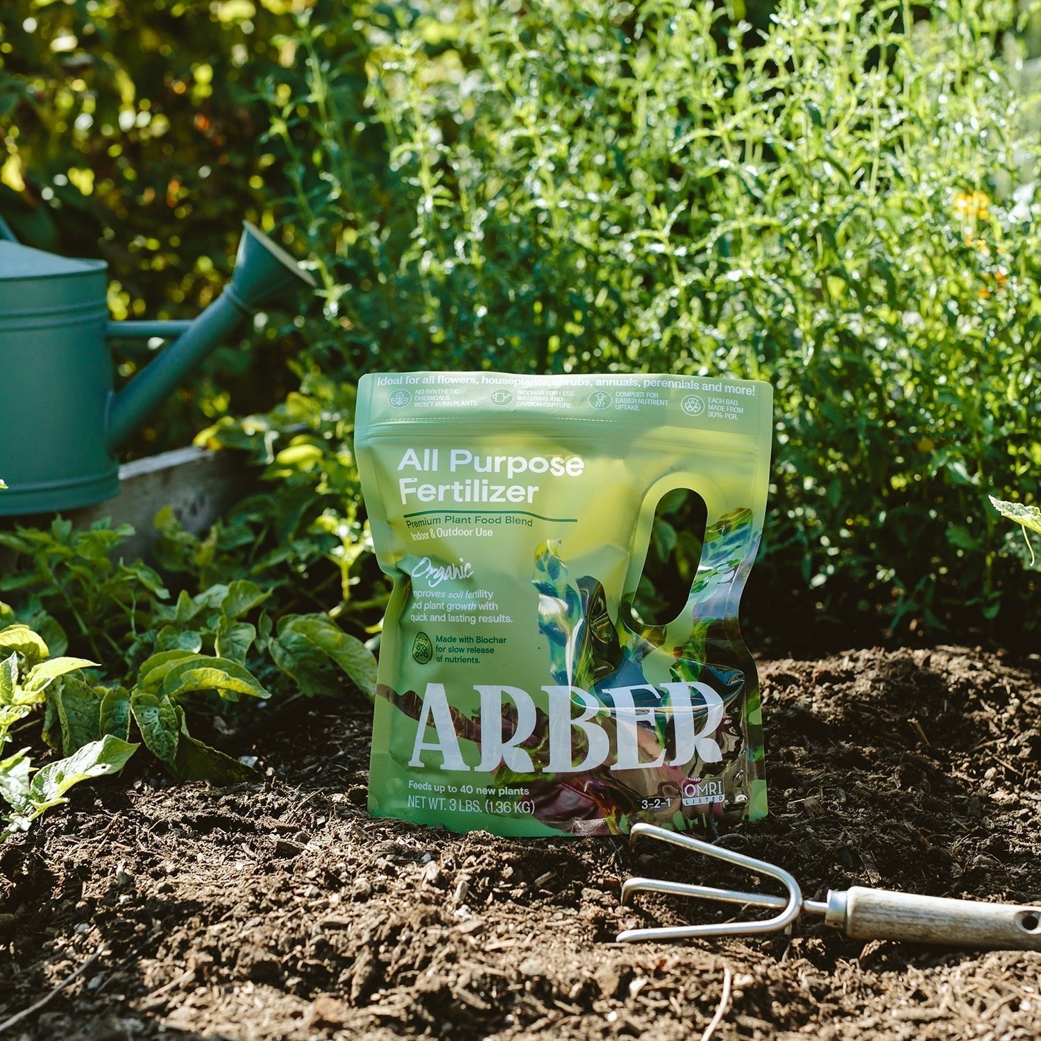 Organic All Purpose Fertilizer by Arber, showing a bag of natural plant fertilizer for garden use.