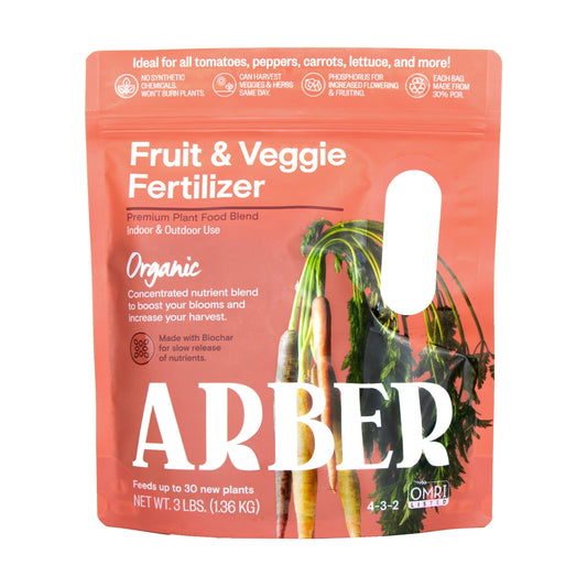 Organic fruit and vegetable fertilizer by Arber, showing a bag of natural plant nutrients for healthy homegrown produce.