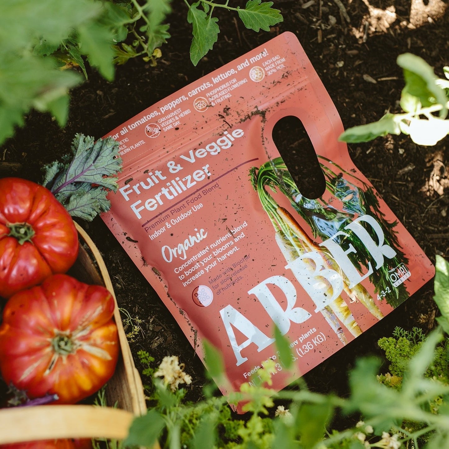 Organic Arber Fruit and Veggie Fertilizer bag with natural ingredients for healthy plant growth.