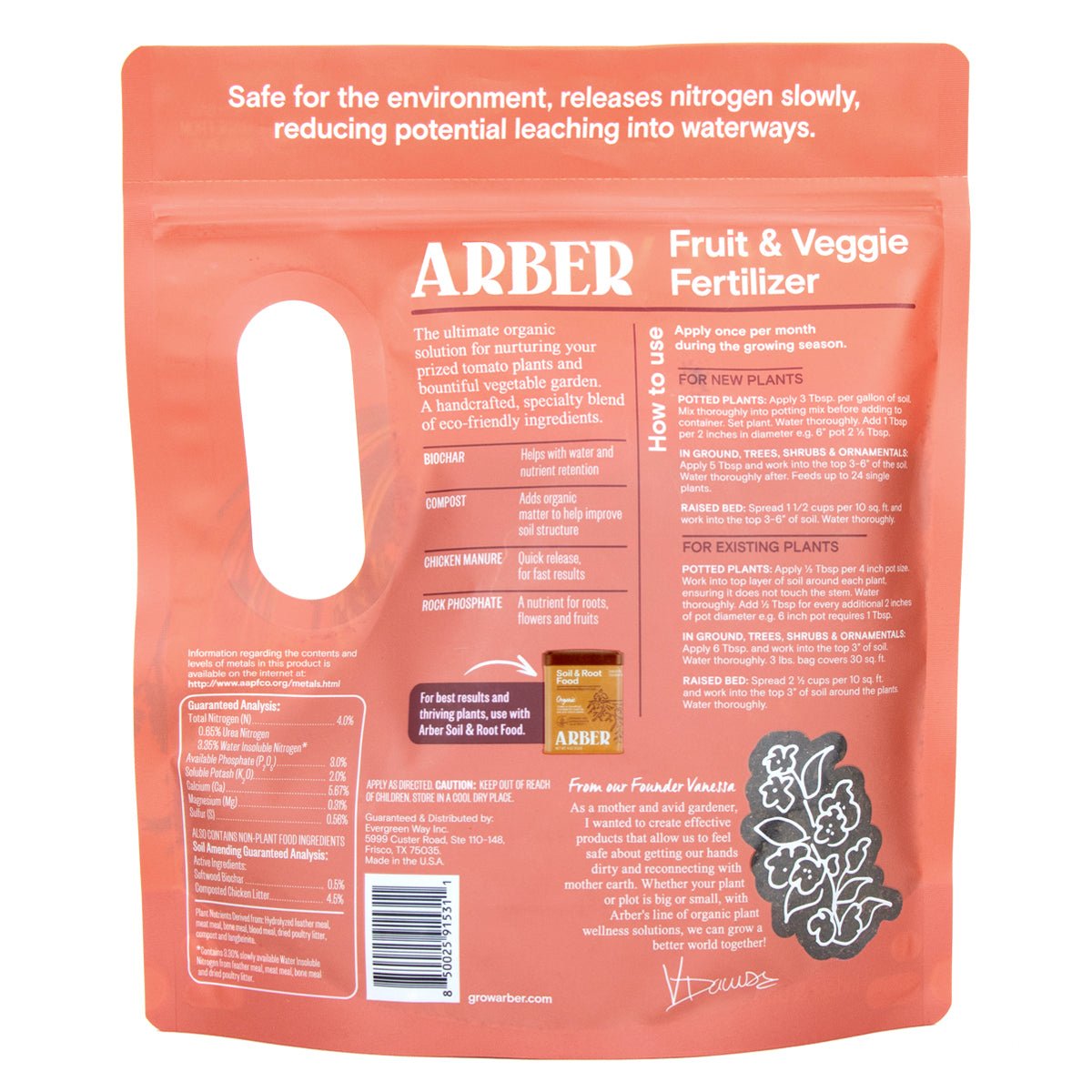 Organic Fruit and Veggie Fertilizer by Arber, showing nutrient-rich granules in a resealable bag for healthy plant growth.