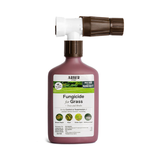 Organic fungicide for grass, trees, and shrubs by Arber, showing a bottle of liquid fungicide with a green plant background.