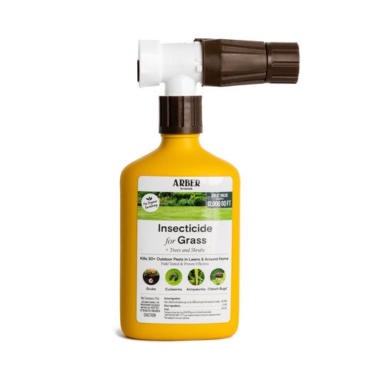 Organic insecticide for grass, trees, and shrubs by Arber, shown in a spray bottle for garden pest control.