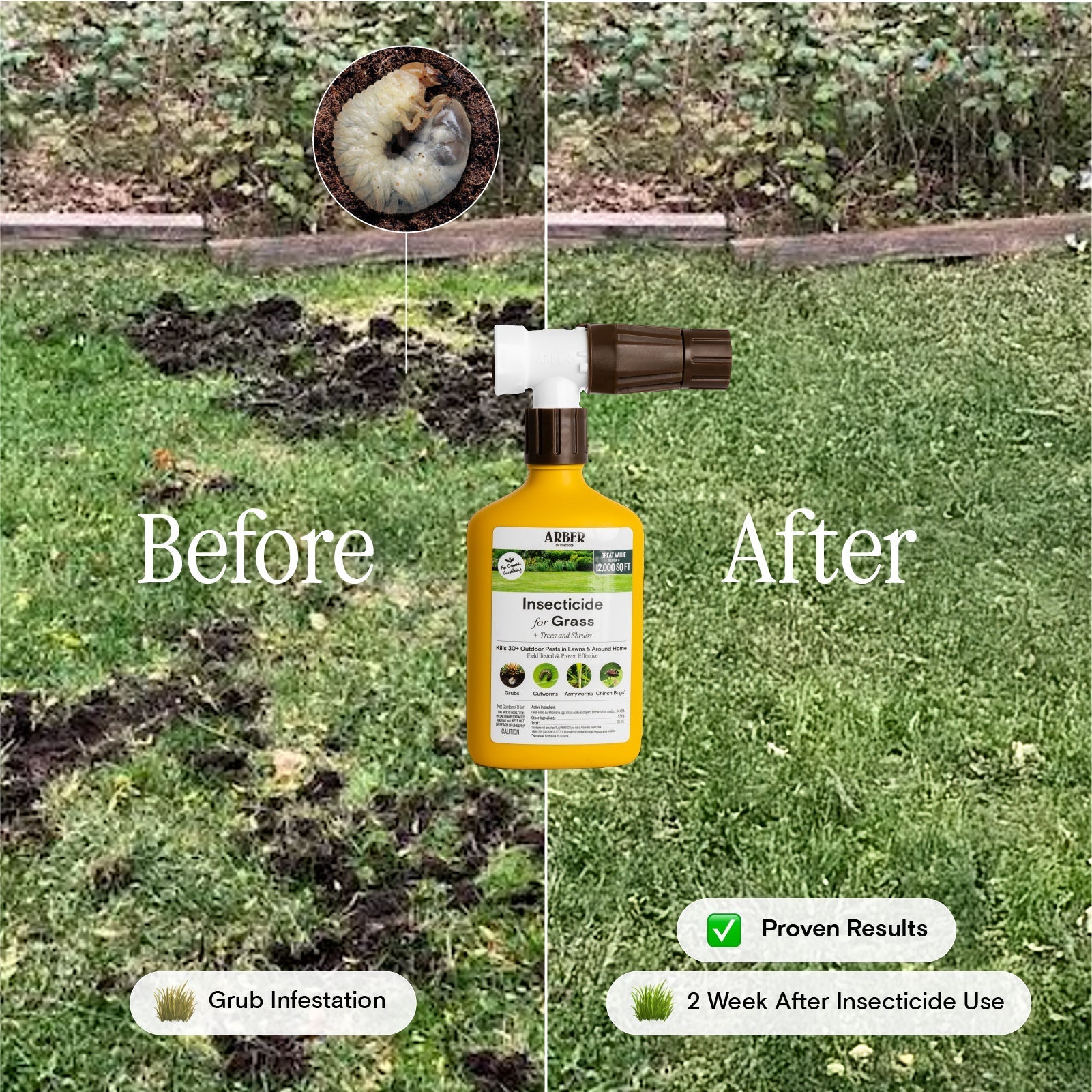 Organic insecticide for grass, trees, and shrubs by Arber, showing a bottle of natural pest control solution.
