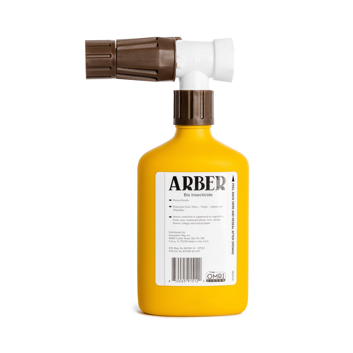 Organic insecticide by Arber applied to grass, trees, and shrubs to control pests naturally in a garden setting.
