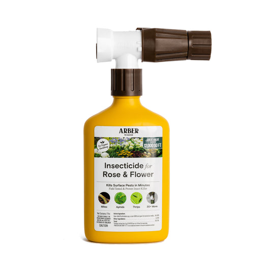 Bottle of Arber Organic Insecticide for roses and flowers, with a spray nozzle and label showing roses and blooming flowers.