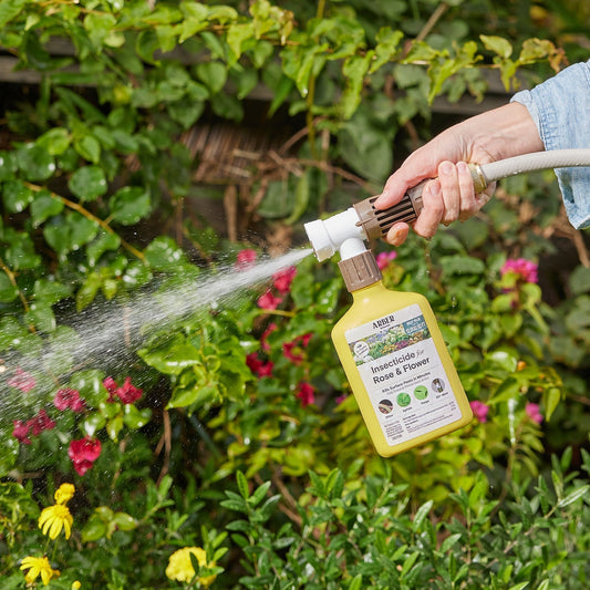 Bottle of Arber Organic Insecticide for roses and flowers, with a label showing natural ingredients and application instructions.